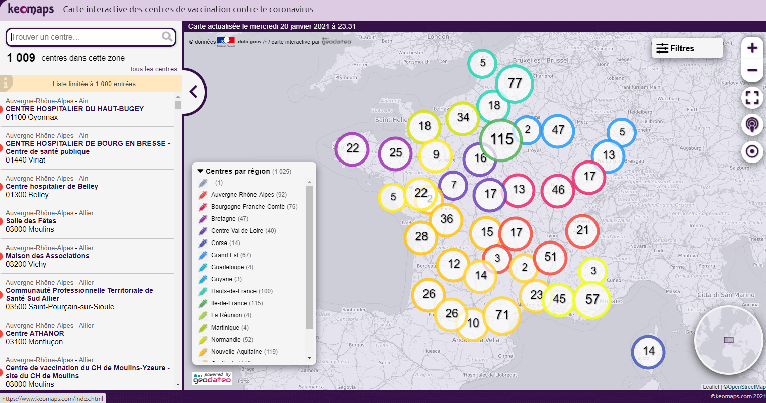 kaart van covid19 vaccinatiesites Frankrijk