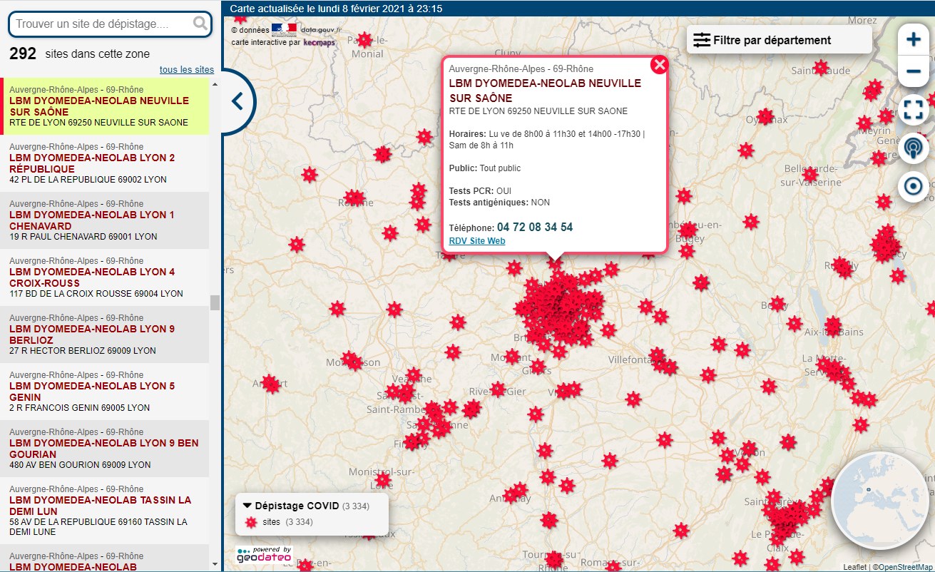 Carte des sites de prélèvement PCR