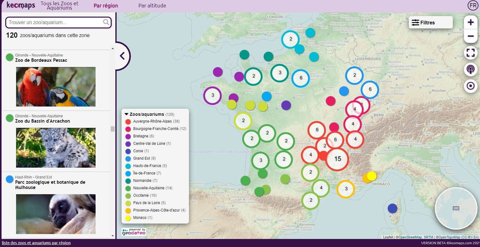 Carte des Zoos et Aquariums en France
